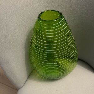 Artsy Green Glass Vase 12 1/2” H w/Clear Base & Horizontal Raised White Lines